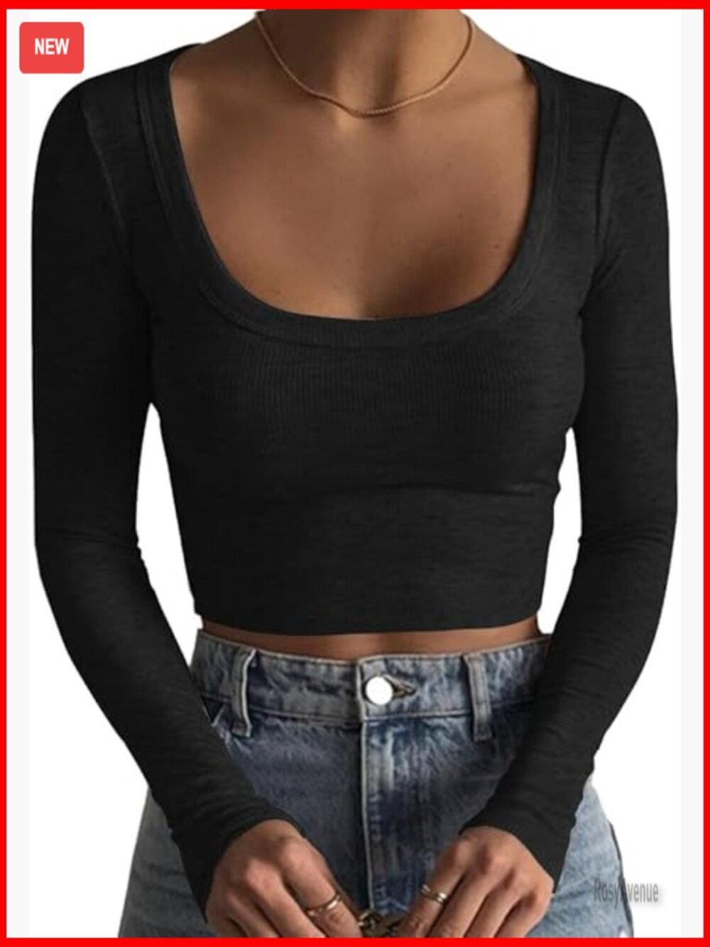 Square Neck Long Sleeve Ribbed Slim Fit Crop Top - Women's Casual Basic Tee